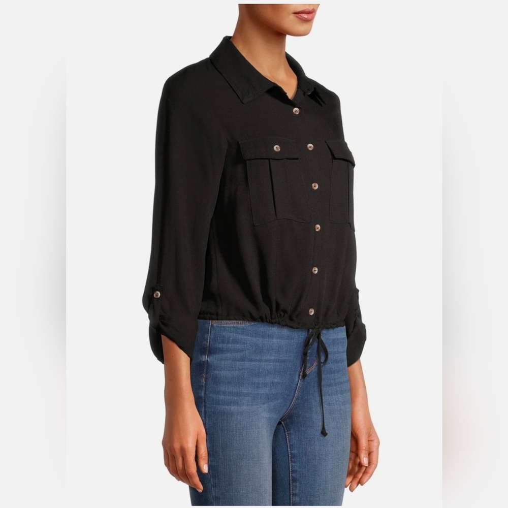 No Boundaries NEW Plus Juniors Black Roll Tab Sleeves Drawstring Utility Top - Picture 3 of 7